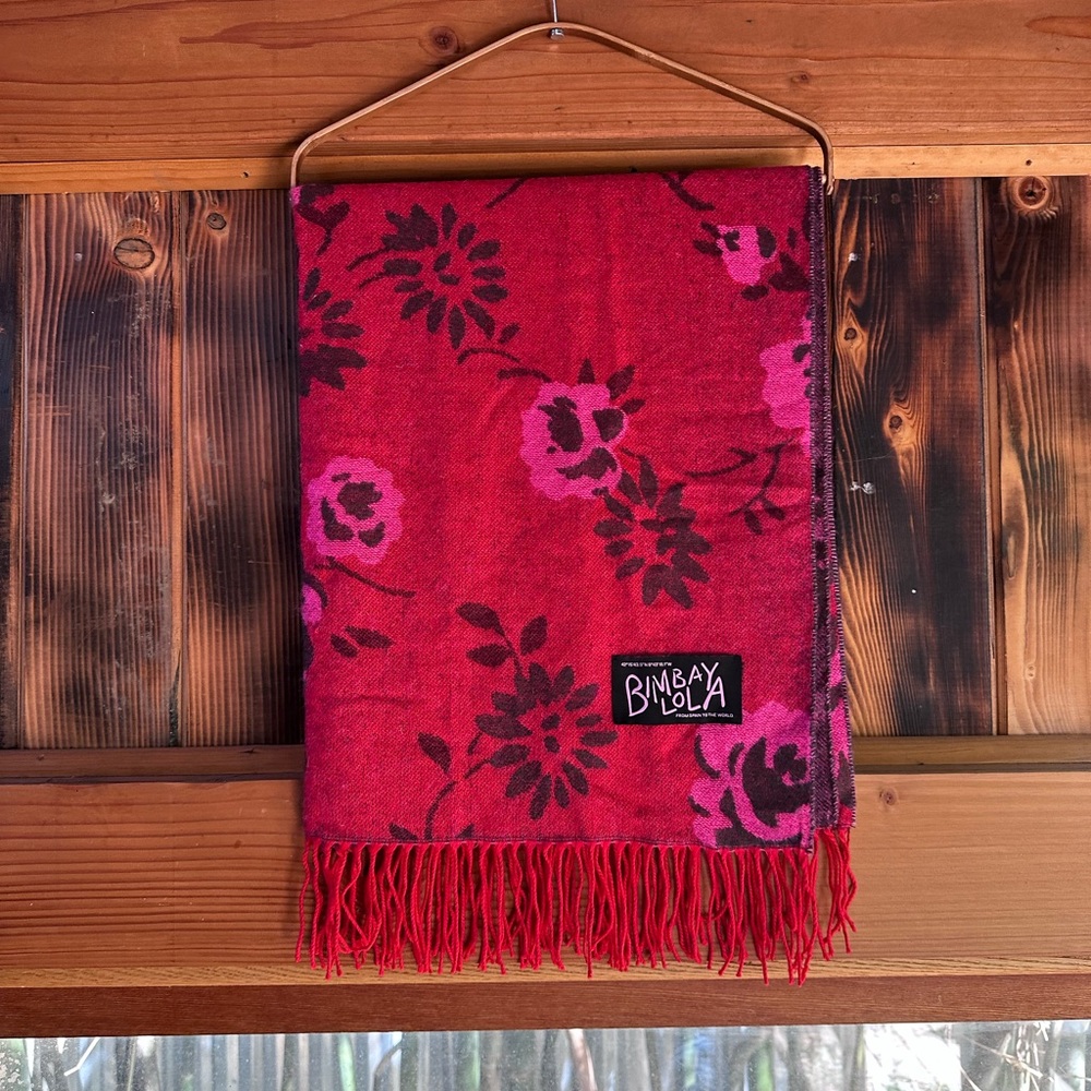 Bimba y Lola Red Floral Fringe Scarf